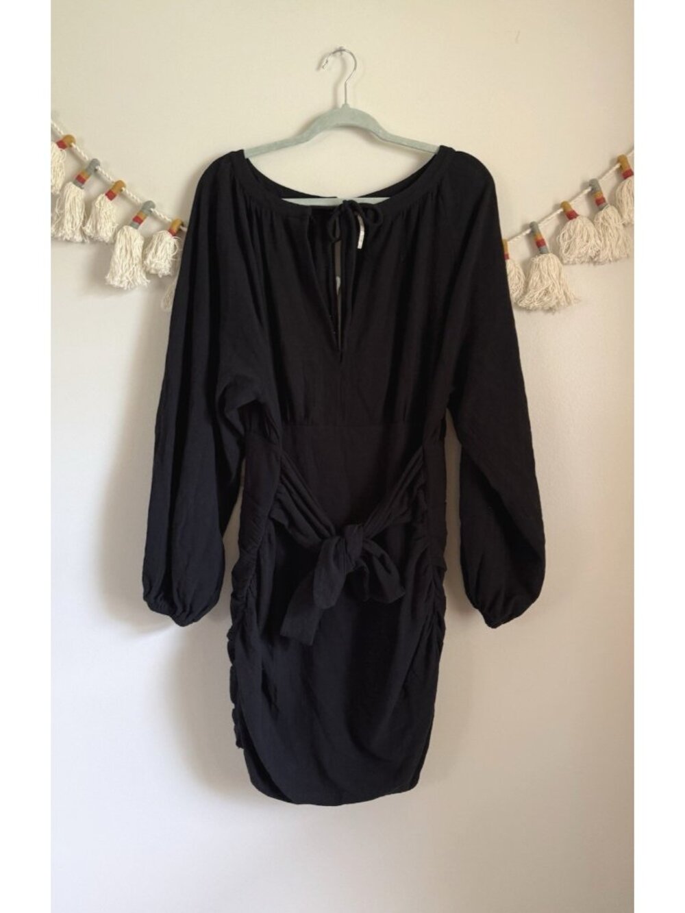Free People The Only One Woven Balloon Sleeve Mini Tie Back Dress Coquette L